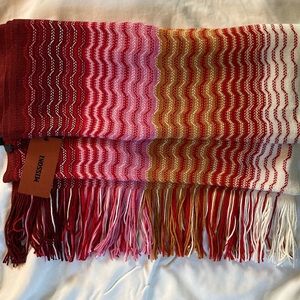 Missoni Scarf, red, pink, white, ochre, maroon, wool & acrylic